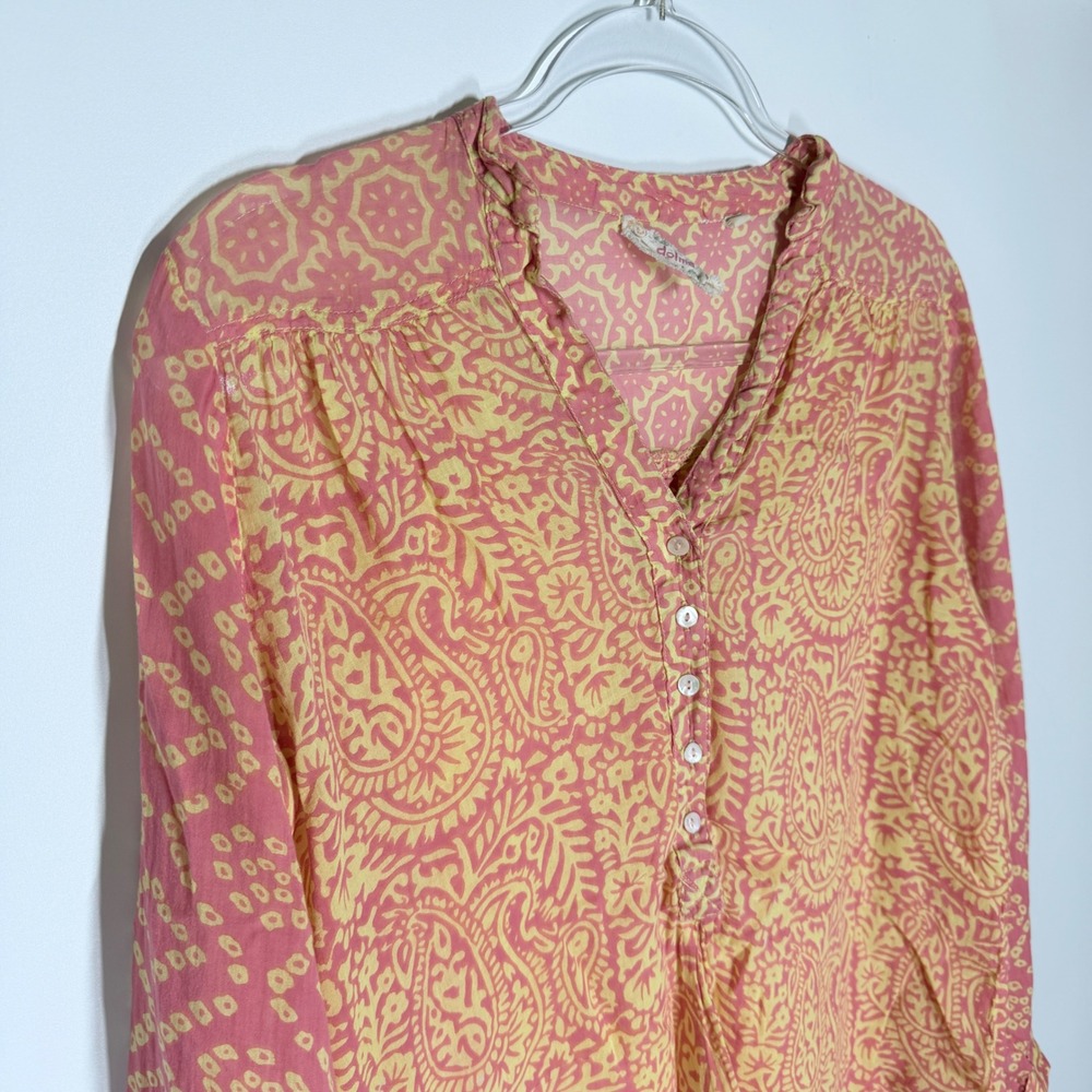 Dolma Womens Pink Yellow Paisley Mixed Print Henley Blouse Boho Small - Picture 4 of 10